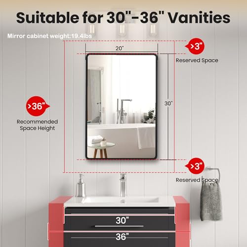 Image of 20x30 Medicine Cabinet with Mirror, Black Metal, Recessed or Surface Mount
