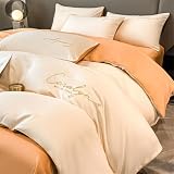 Mesnt Juego de sábanas de 4 piezas tamaño King, juego de ropa de cama de dos tonos de color sólido con sábana y 2 fundas de almohada, poliéster, beige, blanco y naranja, estilo 9, 2 m - 220 x 240 cm