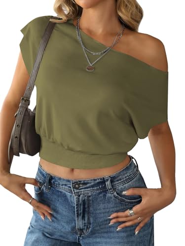 Image of SOFIA'S CHOICE Women's Off The Shoulder T Shirt Crop Top Casual Summer Dolman Sleeve Asymmetrical Cinched Waist Tops