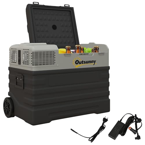 Outsunny nevera de compresor 56L, nevera coche 12/24V DC & 240V AC hasta -20°C, nevera portátil con modos ECO/MAX, mini nevera con mástil telescópico, rueda, para camping, camión, barco y enchufe