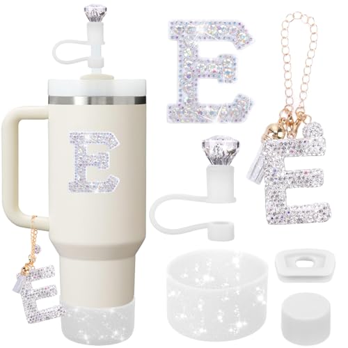 Mity rain Accessories Set for Stanley Cup, Initials Decorations for Tumbler Cup 30/40OZ, Including Diamond Straw Topper/Spill Proof Stopper/Sparkly Silicone Boot Set/Letter Charms for Handle A-Z (E) by Mity rain - Used condition - US$11.32