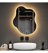 EMKE Bathroom Mirror with Lighting 60 x 50 cm Asymmetrical Mirror with 3 Light Colours Dimmable, Antibesc...