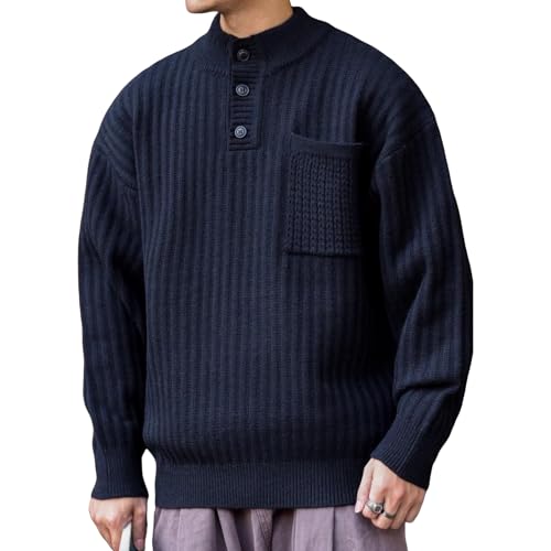 Men's Fall Winter Chunky Knit 4/1 Button Solid Sweater Knit Henley Long Sleeve Ribbed Pullover