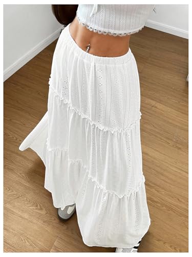 SweatyRocks Women's Ruffle Frill Tiered Eyelet Embroidery Elastic Waist Boho Maxi Skirts4