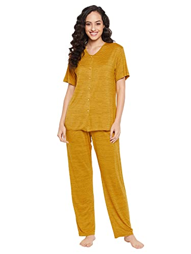 Image of Clovia Women's Cotton Chic Basic Button Top and Pyjama Set in Yellow