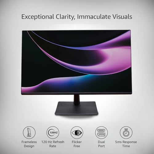 Image of Amazon Basics 27 inch (68.58 cm) Full HD IPS Monitor | 1920 x 1080 Pixels | 120Hz Refresh | Frameless Design | Flicker-Free | Anti-Glare | Tilt /Swivel /Pivot Adjustment | VESA Mount | LED Backlight (Black)