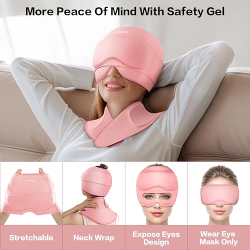 Image of Migraine Relief Cap and Neck Ice Pack Wrap with Ice Eye Masks,3 in 1 Detachable Hot and Cold Therapy Headache Relief Cap for Headaches, Stiff Neck,Eye Fatigue, Tension and Pain Pink