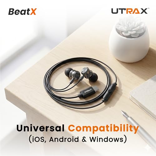 Image of UTRAX BeatX Type-C Wired Earphones with Mic | 14.2mm Driver, High Bass Stereo Sound | Magnetic Metal Earbuds | 1.2M TPE Anti-Tangle Cable | USB-C Earphones for Android Devices | Black