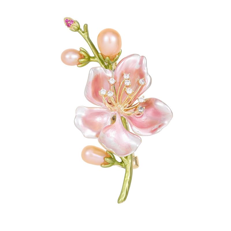 Image of 14K Gold Graceful Vintage Chinese Style Brooch Pin for Women, Freshwater Pearl Magnolia Flower Pink /White Pin, Ideal for Traditional Events, Women's Brooches & Pins