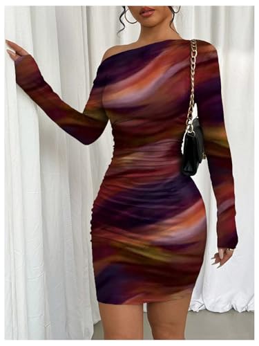 Image of RoseSeek Women's Off Shoulder Ombre Tie Dye Bodycon Dress Long Sleeve Slim Fit Pencil Mini Dresses