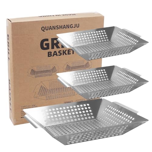 QUANSHANGJU Gemüse-Grillkorb für Outdoor-Grill, extra groß, robuster Edelstahl-Gemüse-Grillkorb mit Griffen, 3 Stück