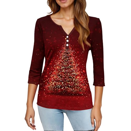 Image of Women Christmas Shirt 3 /4 Length Sleeve Henley Tops Xmas Outfits
