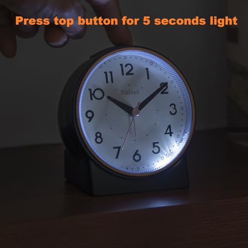 Image of Tinload 4.3 inch Retro Analog Alarm Clock, Vintage Decor, No Ticking Silent, Easy to Set, Gradual Rise Alarm, On /Off Switch on Side, Gentle Wake, Snooze, Lighted on Demand, Battery Operated, Retro Black