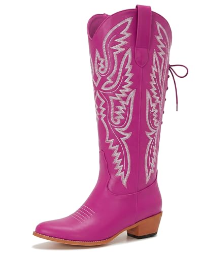 Image of Uillnoodu Wide Calf Cowboy Boots Women Adjustable Lace Up Knee High Tall Plus Size Cowgirl Boots Western Style Comfortable 2-Inch Heel