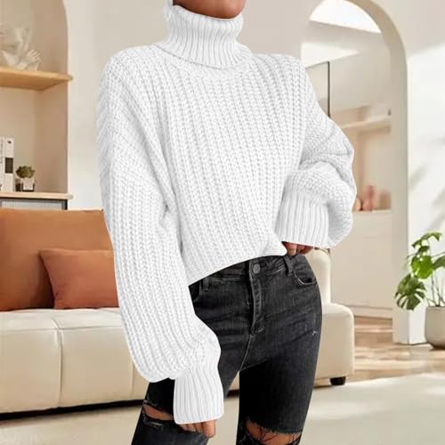 Womens Cropped Turtleneck Sweater Ribbed Knit Lantern Sleeve Fall Pullover Sweaters2