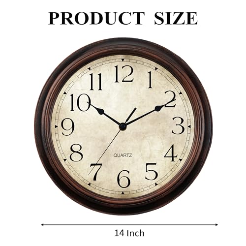 Image of KECYET 14 Inch Wall Clocks Battery Operated Silent Non-Ticking Analog Wall Clock Vintage Retro Rustic Style Decorative for Living Room Kitchen Home Office(Bronze)