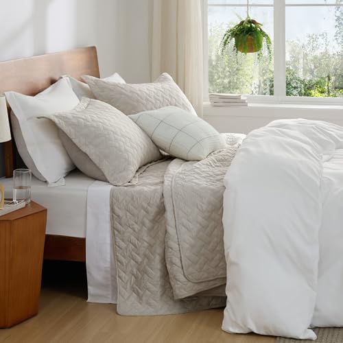 Image of Bedsure Quilts Twin Size - Lightweight Bedspreads Twin Size with Basket Weave Pattern, Soft Quilt Bedding Set, Light Beige Comforter Set Coverlet for All Seasons with 1 Pillow Sham (68 inch x 86 inch)