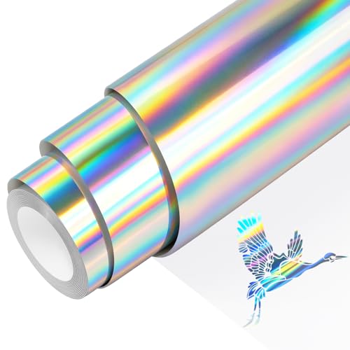 Holographic HTV Heat Transfer Vinyl Roll - 12 x 5ft Rainbow Silver Metallic Iron on Vinyl for Cricut or Silhouette Cameo Chrome Foil Vinyls Easy to Cut & Weed DIY Heat Press Design for Shirts