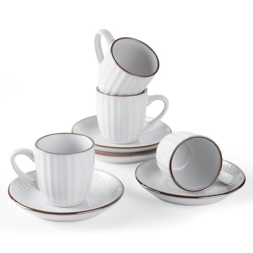 famiware Espresso Cups and Saucers Set of 4, 3 oz Ceramic Small Coffee Mug with Handle, Embossed Stoneware Demitasse Cup for Tea, Latte - Microwave & Dishwasher Safe - White Stripe