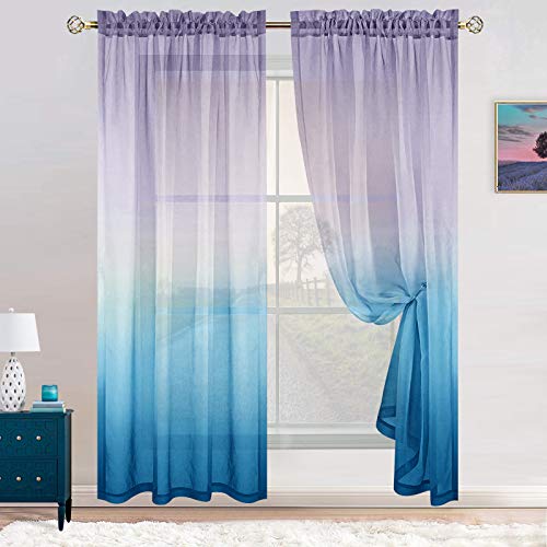 Purple and Blue Curtains 63 Inch Length for Bedroom Set of 2 Window Sheer Panel Pocket Semi Lilac Voile Ombre Curtains for Girls Room Decor 42x63 Long