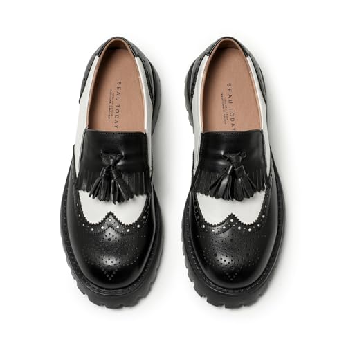 Image of BEAU TODAY Chunky Loafers for Women, Women's Leather Platform Loafers, Lug Sole Tassel Slip On Loafers Shoes Brogues Wingtip Casual Business Shoes Comfortable Dressy