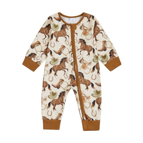 Image of baorji Western Baby Boy Clothes Newborn Cow/Horse Print Romper Long Sleeve Onesie Zipper Jumpsuit Overalls Cowboy Outfit