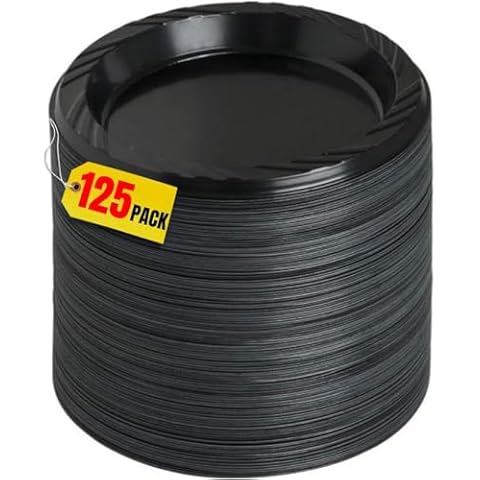1InTheHome Plastic Plates 6 Inch, Round Plastic Plates Black 6 Inch Diameter, Black Plates Disposable, Pack of 125 Cover