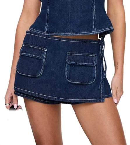 Mxiqqpltky Y2k Cargo Denim Skirt Women Low Rise Bodycon Mini Jean Skirt Shorts Skort(Dark Blue,X-Large)