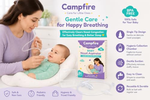 Image of Campfire Baby Nasal Aspirator for Newborn & Infants | BPA-Free Manual Nose Cleaner | Gentle Silicone Nasal Suction Device | Hygienic Mucus Remover | Reusable Easy-to-Clean Baby Nose Cleaner | 0+ Months