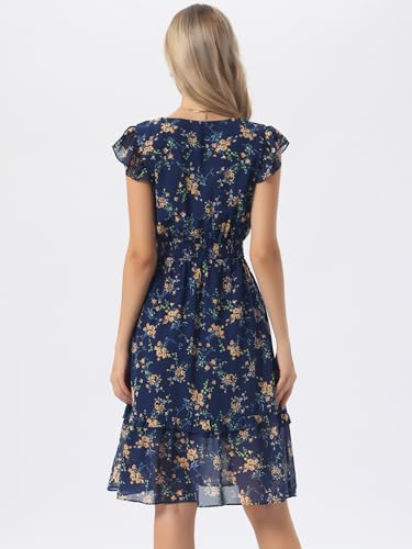 Image of Allegra K Women's Floral Dress Spring Summer V Neck Flutter Sleeve Ruffle Casual Smocked Knee Length Dresses