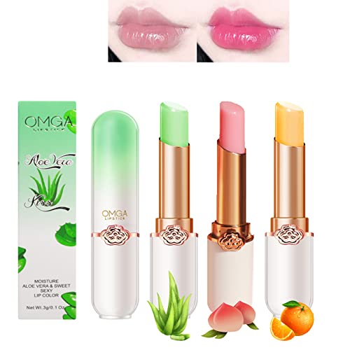3 Pcs Baume à lèvres à changement de couleur Un rouge à lèvres Aloe Vera + Un rouge à lèvres orange + Baume à lèvres pêche Ensemble de rouge à lèvres hydratant imperméable Cover