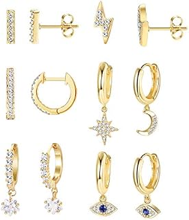 MILACOLATO 6Pairs Dangle Hoop Earrings For Women Small Evil Eye Moon Star Hinged Huggie Hoop Earrings Silver Rose Gold CZ Drop Earrings Jewellery