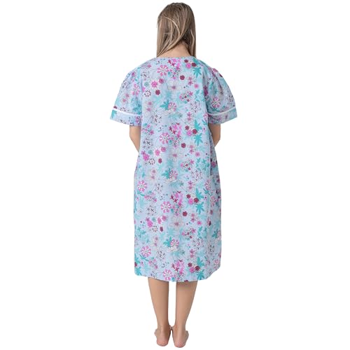 Image of Women's Short Sleeve Woven Snap-Front Closure Floral Embroidery Housecoat Duster Lounge Nightgown Robe with Front Pockets