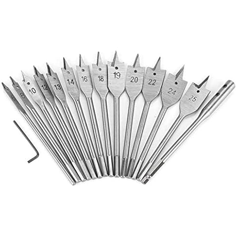 KAHEIGN 15Pcs Flachfräsbohrer Set, 6mm - 25mm Titanbeschichteter Spatenbohrer aus Kohlenstoffstahl mit Schraubenschlüssel und Zusatzhebel, Flache Bit Set für Holzbearbeitung Cover