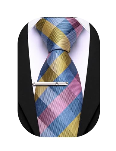 Image of Barry.Wang Plaid Ties Mens Silk Necktie and Tie Clip Checkered Tie for Wedding Party Business Formal