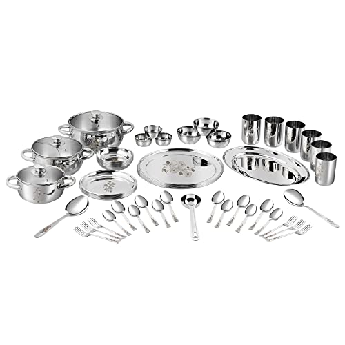 Kraft Stainless Steel 61 Pcs Tulip Dinner / Lunch Set with Mirror Finish, BPA and PFOA Free, Highly Durable & Sturdy, Unbreakable, Dishwasher Safe (Silver) – 2 Years Warranty