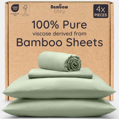 Bambaw Full Sheet Set 4pcs – 100% Viscose Derived from Bamboo Cooling Sheets Full Size Set, Temperature Regulating Sheets, with Elastic Corner Straps, Super Soft (Sage Green)