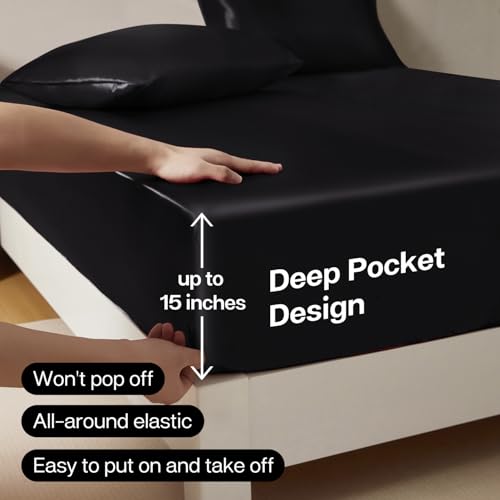 MR&HM Satin Fitted Sheet Queen Size, Silky Bottom Sheet with Elastic Corner Straps, Deep Pocket up to 15 Inch, No More Slipping Off for Mattress - 1 Fitted Sheet Only (Black) - Image 3