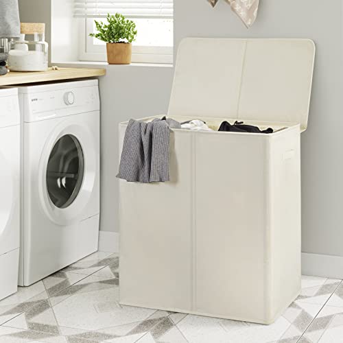 WOWLIVE 154L Double Laundry Hamper with Lid and Removable Bags - Collapsible 2-Section Storage for Dorm Room, Bedroom, and Bathroom, Beige
