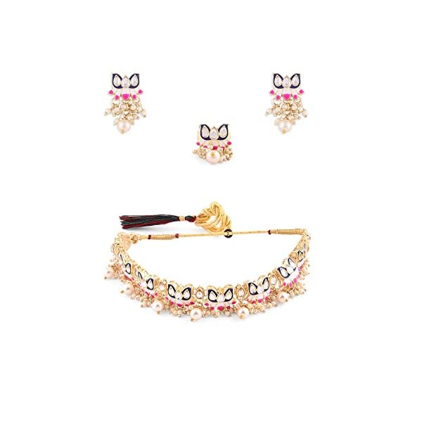 ZAVERI PEARLS Blue & Pink Meenakari Lotus Design Choker Necklace Earring & Ring Set For Women-ZPFK14435