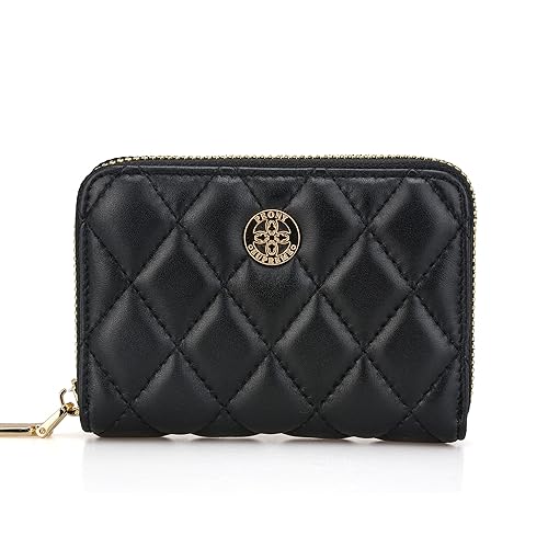 Luxury Quilted Leather Short Small Zipper Compact Wallet Credit Card Holder Zip Around Wallet Coin Purse Business Card Holder Gift for Girl Women Black