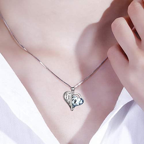 Gifts for Her, 925 Sterling Silver"I Love You Forever" Heart Pendant Necklace with Light Blue Crystal, AOBOCO Jewellery Birthday Gifts for women