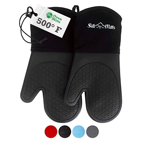 Oven Mitts Heat Resistant 500 Degrees - 2 Extra Long Silicone Oven Mitt Pot Holders - Food Safe Oven Gloves - BPA Free and FDA Approved - Soft Inner Lining - Black