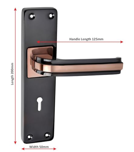 Image of Milton Iron Mortise Lock Set with Rose Gold Copper Handle, Black Plate, 200mm x 50mm, 125mm Handle Length, Complete with Keys and Hardware - MHI-09