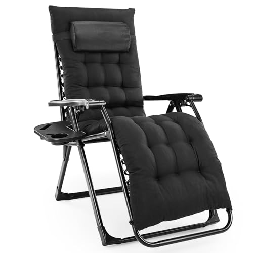 Sweetcrispy Zero Gravity Chair, Reclining Camping Lounge Chair for Indoor, Reclining Patio Chairs with Cup Holder Trays and Removable Cushion, Folding Recliner for Outdoor, Black