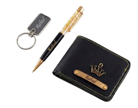 Image of Personalized Name Wallet, Pen & Keychain Combo for Men (Black) | Customised Mens Wallet Name Engraved with Charm | Customized Corporate Gift Set for Office | Personalised for Husband, Boys