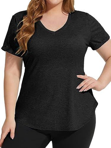 FOREYOND Plus Size Workout Tops for Women T Shirts Loose Fit V Neck Clothing Yoga Casual Summer