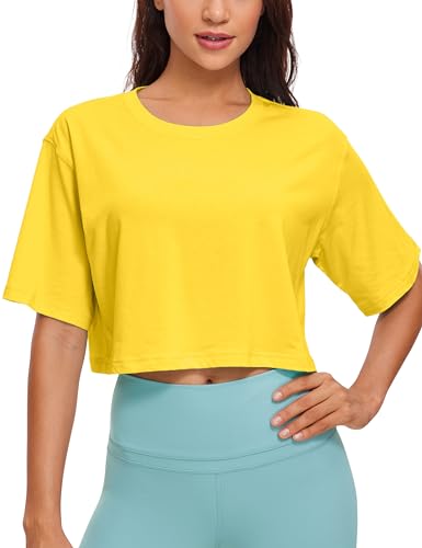 Image of CRZ YOGA Pima Cotton High Neck Crop T-Shirt | Workout, Naturally Soft, Loose Fit, Short Sleeve Tops for Women
