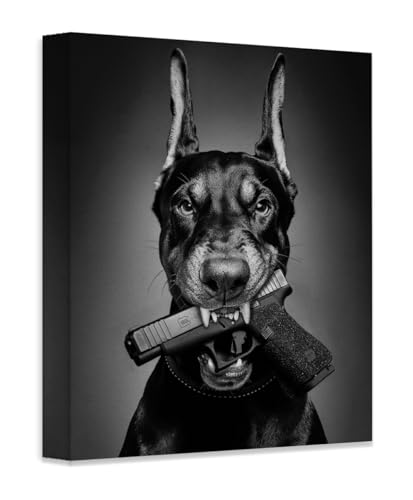 Try and Take It: Black & White Portrait Photo of Doberman w/a Gun - 16x20 Stretched Canvas Poster -Entryway Art-Dog Lovers, Man Cave, Gun Enthusiasts, Guard Dog Photo-Boarding Kennel or Shelter Décor