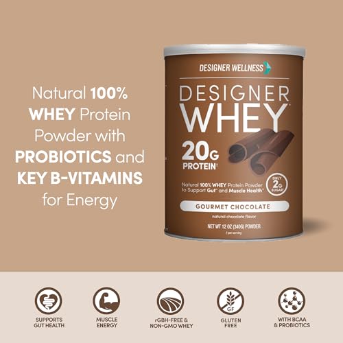 Image of Designer Wellness, Designer Whey, Natural Whey Protein Powder with Probiotics, Fiber, and Key B-Vitamins for Energy, Gluten-Free, Gourmet Chocolate, 12oz